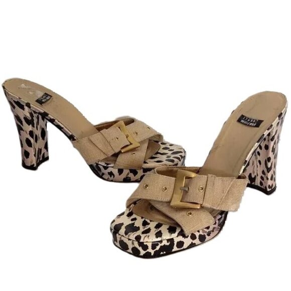 Stuart Weitzman Platform Chunky Heel Animal Dalmatian Open Toe Slide Buckle Y2K - Picture 1 of 8